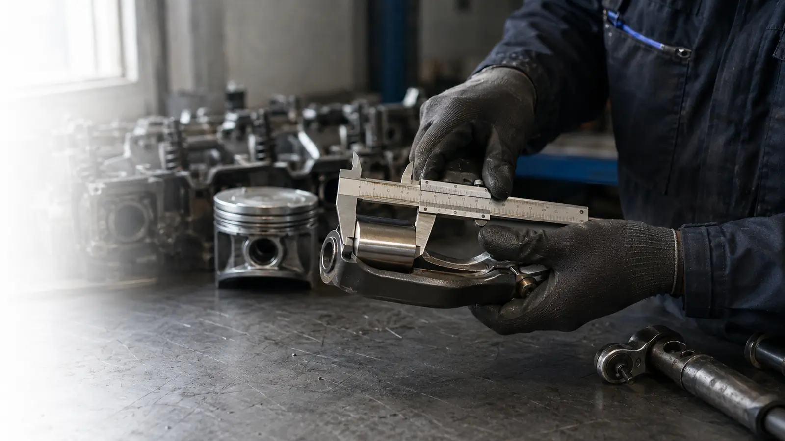 Technician measuring an engine component with a vernier caliper in a workshop